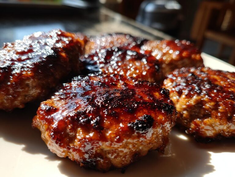 Close-up of several Amish oven BBQ burgers with a glossy, caramelized BBQ glaze.