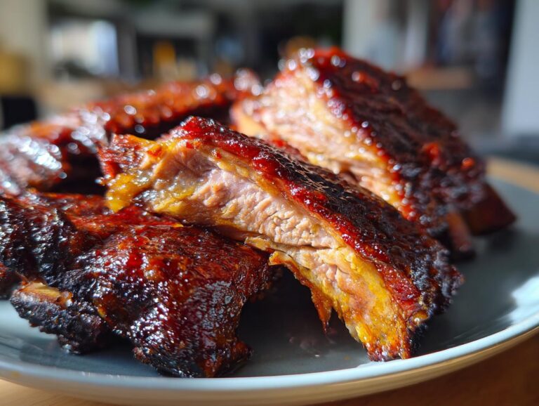 Close-up of tender Asian beef short ribs, glistening with a rich, dark glaze.