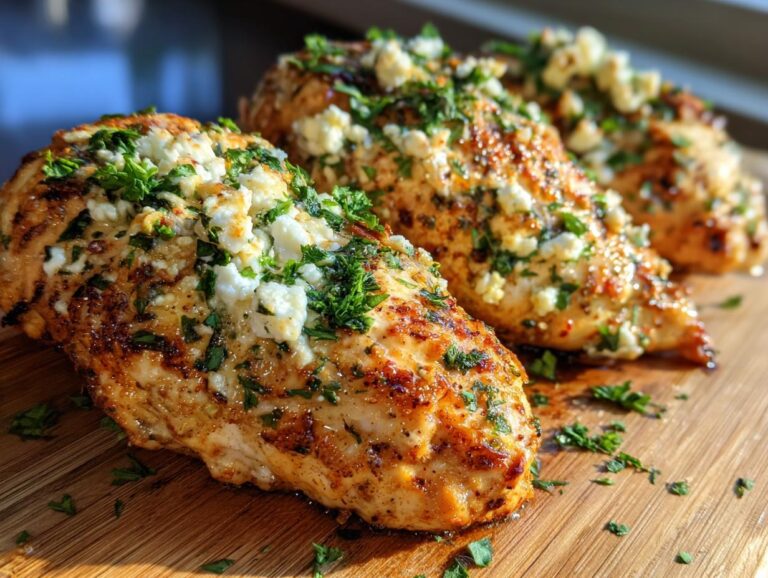 Three juicy baked chicken breasts topped with crumbled feta cheese and fresh parsley, served on a wooden board.