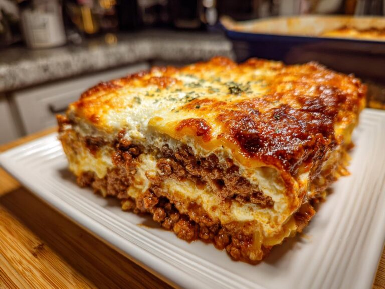 A generous slice of baked cream cheese spaghetti casserole with layers of meat sauce and creamy cheese.