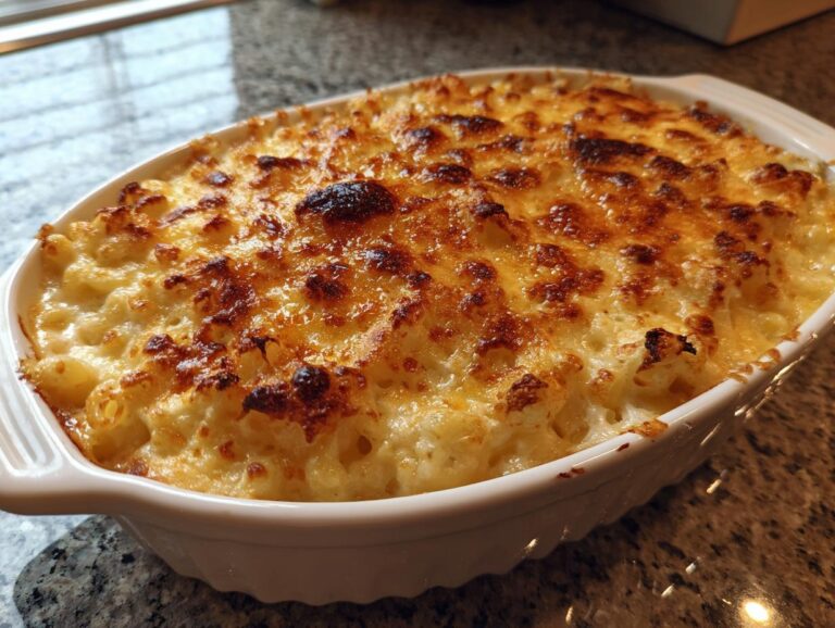 Close-up of a golden-brown, bubbly baked mac and cheese casserole in a white dish.