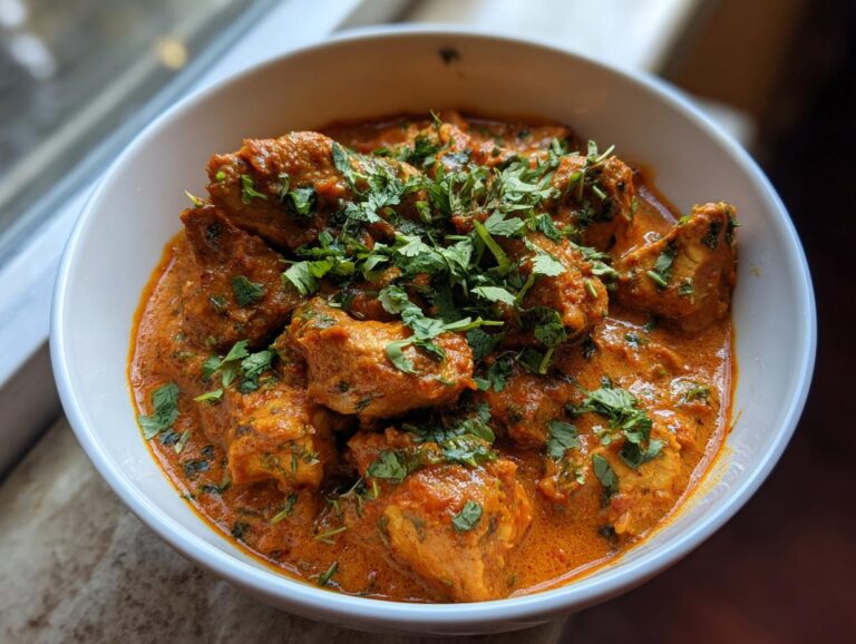 A close-up of a bowl filled with rich, creamy butter chicken, garnished with fresh cilantro.