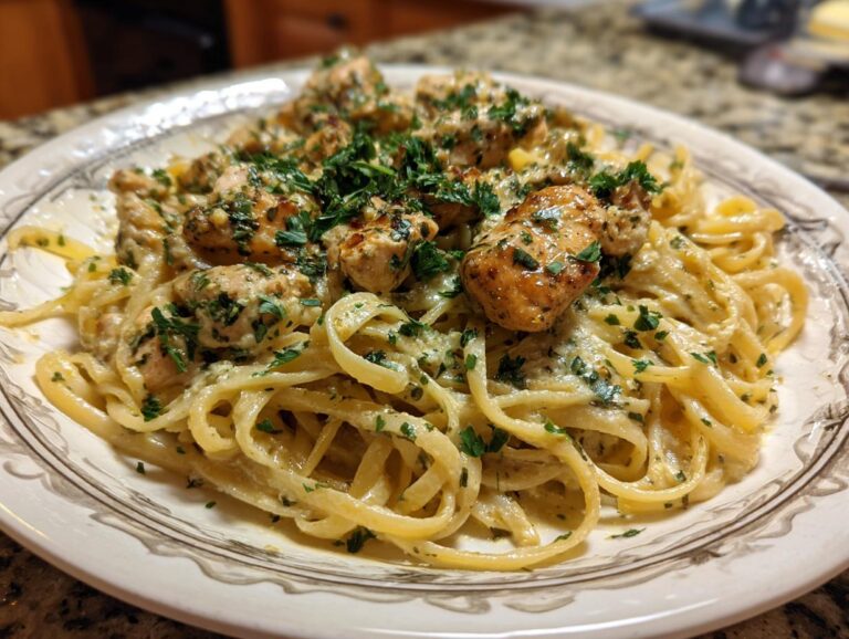 A close-up of a plate piled high with creamy Cajun chicken linguine, garnished with fresh parsley.