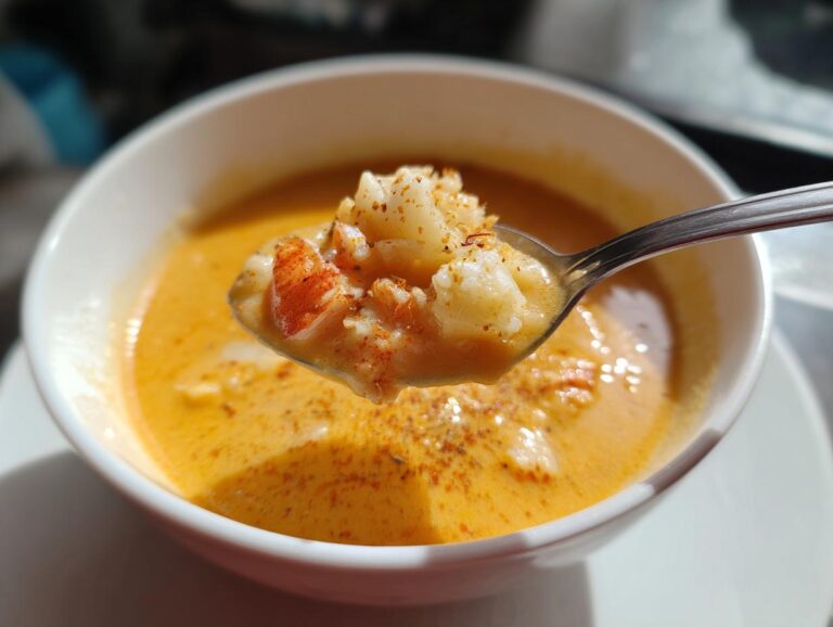 Close-up of a spoonful of creamy Cajun potato soup with tender pieces of lobster.