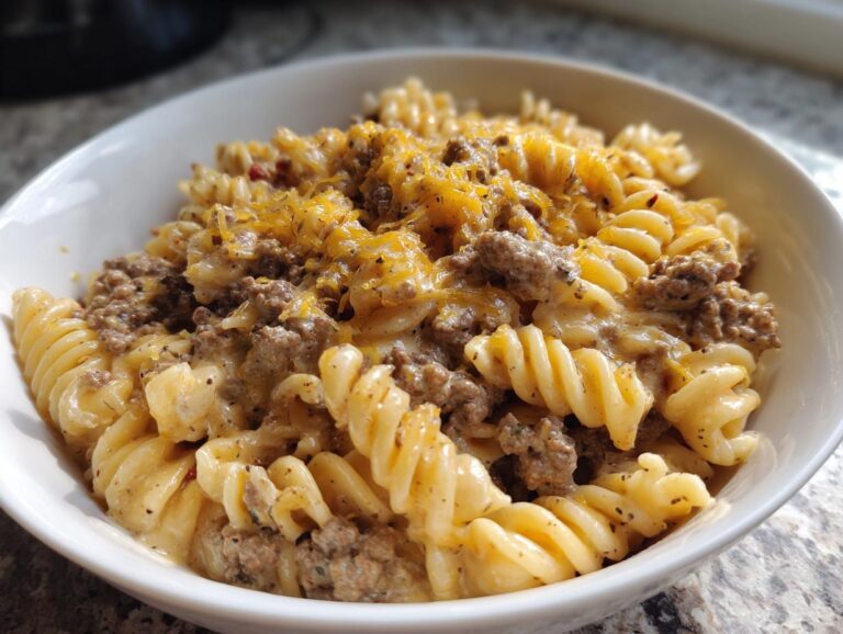 A close-up of a bowl filled with rotini pasta mixed with ground beef and creamy Alfredo sauce, topped with melted cheddar cheese.