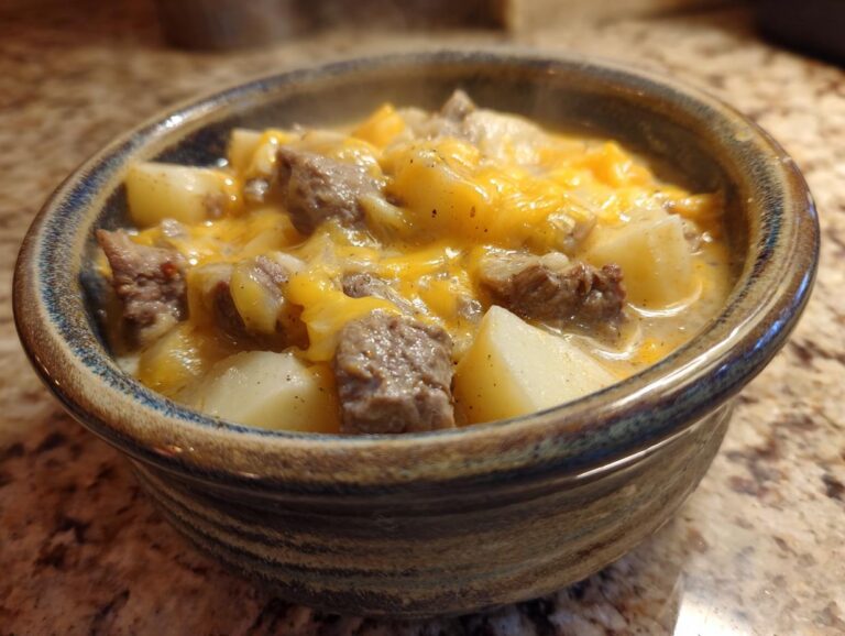 A close-up of a bowl filled with steaming Cheesy Beef and Potato Soup, featuring tender beef chunks and soft potato pieces topped with melted cheddar cheese.