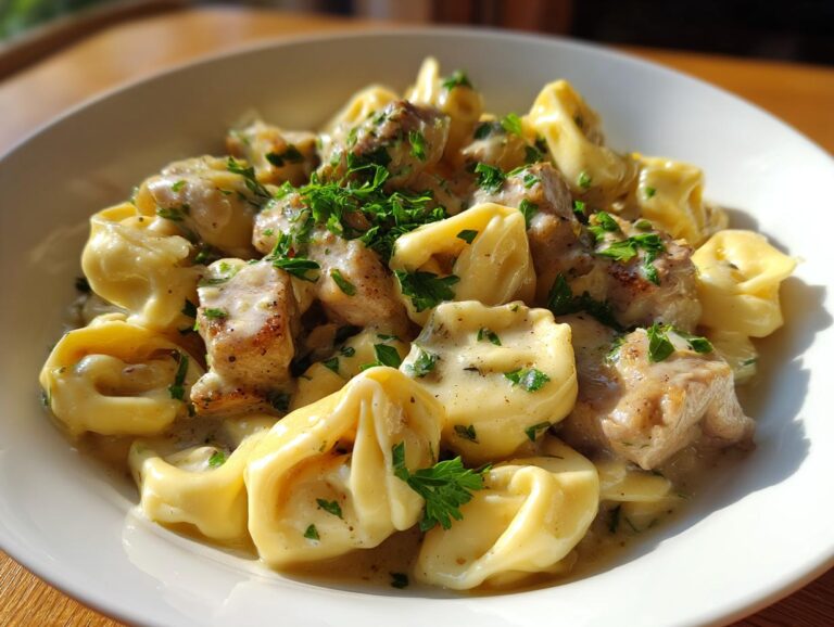 A close-up of creamy Chicken Alfredo Tortellini topped with fresh parsley.