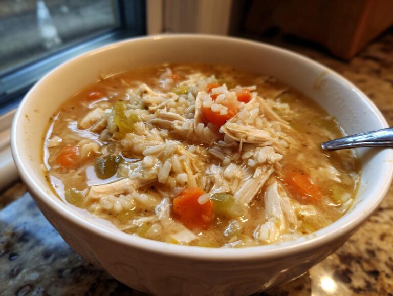 A close-up of a steaming bowl of chicken and rice soup, filled with shredded chicken, rice, carrots, and celery.