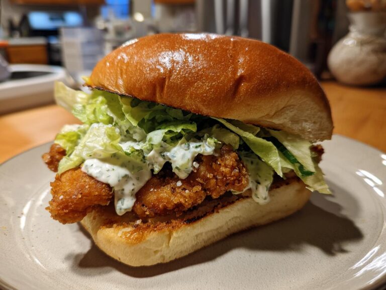 Close-up of a delicious chicken Caesar sandwich with crispy fried chicken, lettuce, and creamy Caesar dressing on a toasted brioche bun.