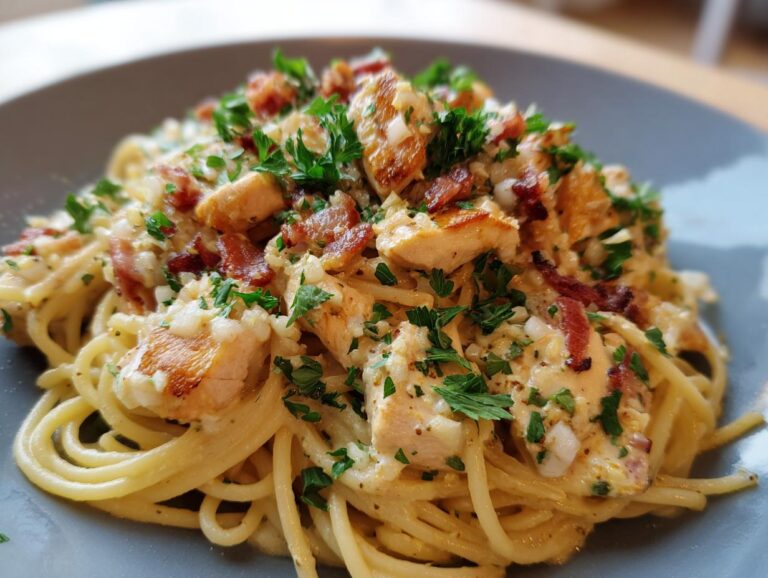 A close-up of a plate of chicken carbonara, featuring spaghetti, creamy sauce, chicken pieces, bacon, and parsley.