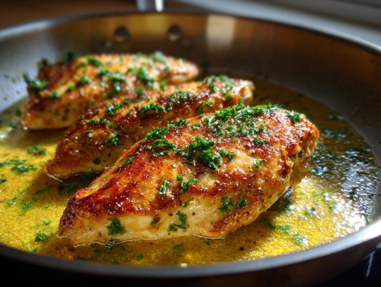 Three golden-brown chicken breasts, seasoned and garnished with parsley, simmering in a buttery sauce in a skillet.