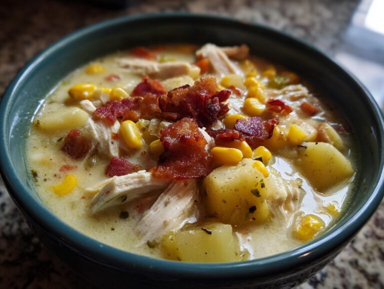 A close-up of a bowl of chicken corn chowder, featuring shredded chicken, corn, potatoes, and crispy bacon.