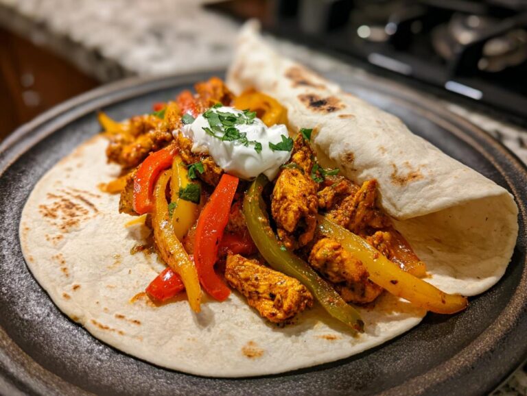 A close-up of flavorful chicken fajitas with colorful bell peppers, served on a tortilla with a dollop of sour cream and cilantro.