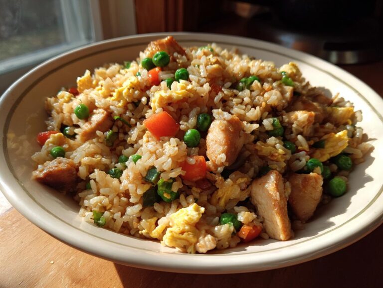 A close-up of a bowl filled with flavorful chicken fried rice, featuring tender chicken pieces, peas, carrots, and scrambled egg.