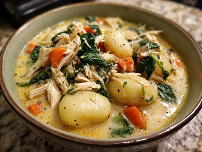 A close-up of a bowl of creamy chicken gnocchi soup, featuring tender gnocchi, shredded chicken, spinach, and carrots.