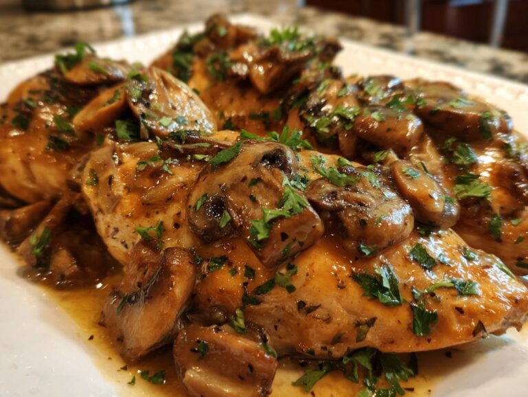 Close-up of tender chicken marsala topped with sautéed mushrooms and fresh parsley.