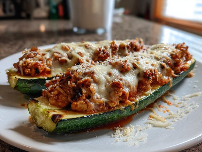 Two chicken parmesan zucchini boats filled with seasoned ground chicken and topped with melted cheese.