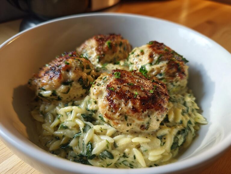 Four golden-brown chicken ricotta meatballs served over creamy orzo pasta with spinach.