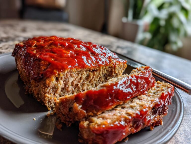 A moist and flavorful classic meatloaf, sliced and topped with a rich glaze.