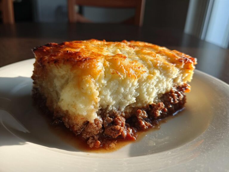 A close-up of a hearty slice of classic shepherd's pie, featuring a golden-brown mashed potato topping over rich ground meat.