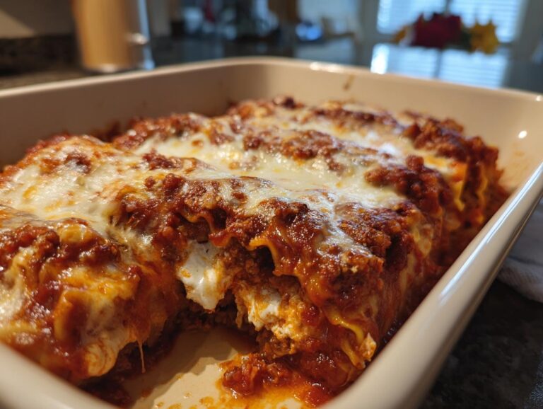 Close-up of baked cottage cheese lasagna roll ups covered in melted cheese and marinara sauce.