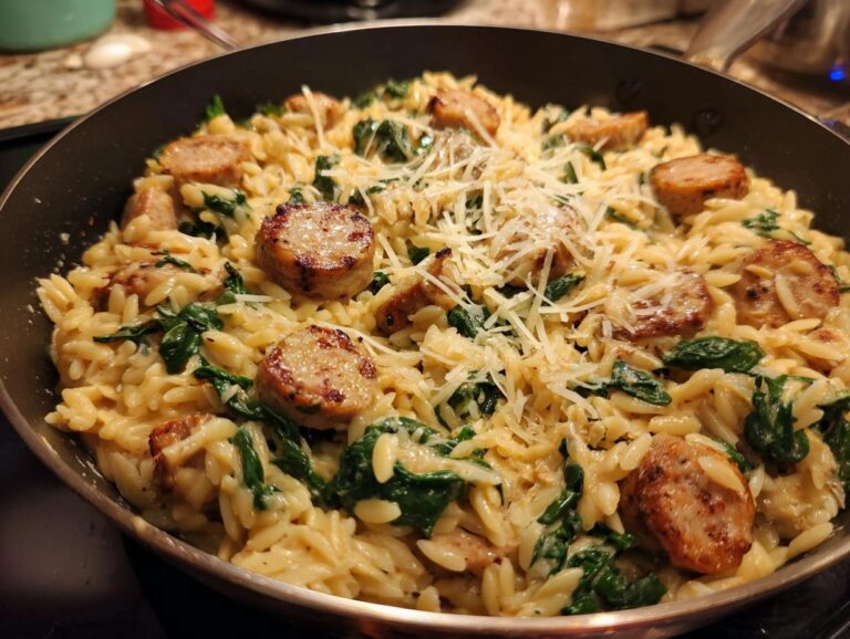 Close-up of creamy chicken sausage orzo with spinach and grated cheese in a skillet.