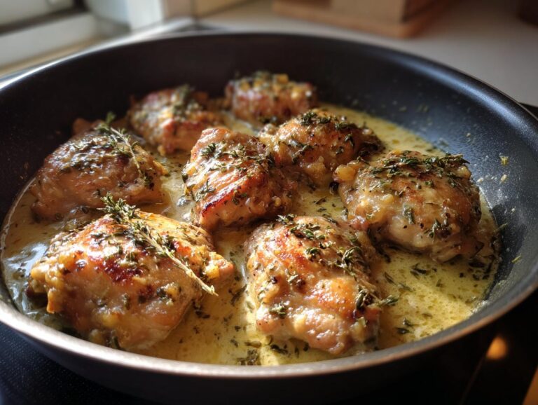 Close-up of juicy creamy garlic chicken thighs simmering in a creamy sauce in a black frying pan, garnished with fresh herbs.