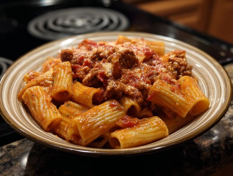 A close-up of a bowl filled with Creamy Italian Sausage Rigatoni, topped with cheese and sauce.