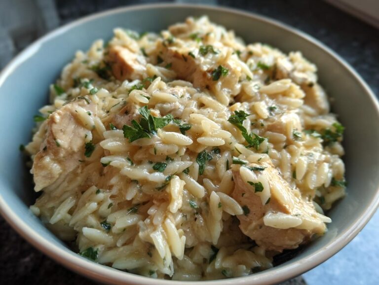 A close-up of a bowl of creamy orzo with chicken, garnished with fresh parsley.