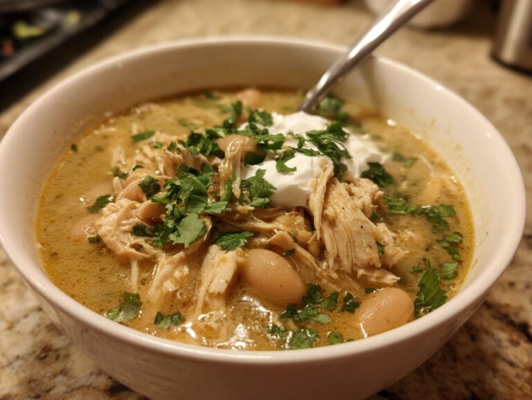 A bowl of creamy white chicken chili topped with sour cream and fresh cilantro.