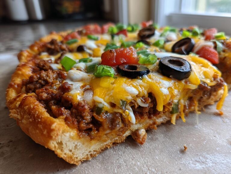 A close-up shot of a slice of crescent roll taco pizza, showing the flaky crust, seasoned ground beef, melted cheese, and toppings.