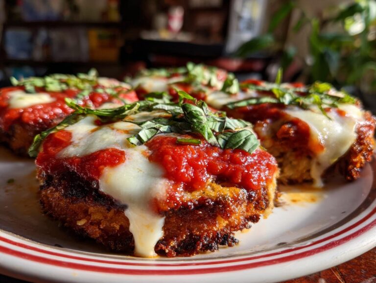 Close-up of crispy baked eggplant parmesan topped with marinara sauce, melted mozzarella, and fresh basil.