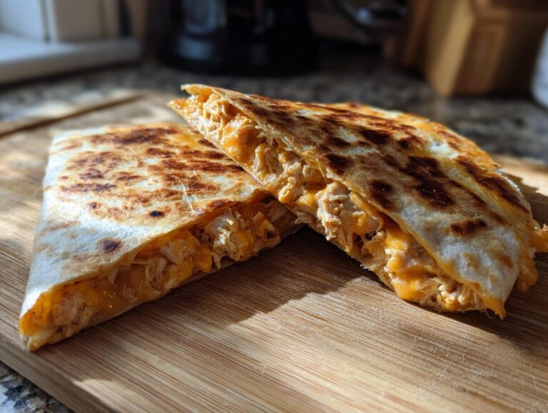Close-up of a crispy chicken quesadilla cut in half, revealing shredded chicken and melted orange cheese.