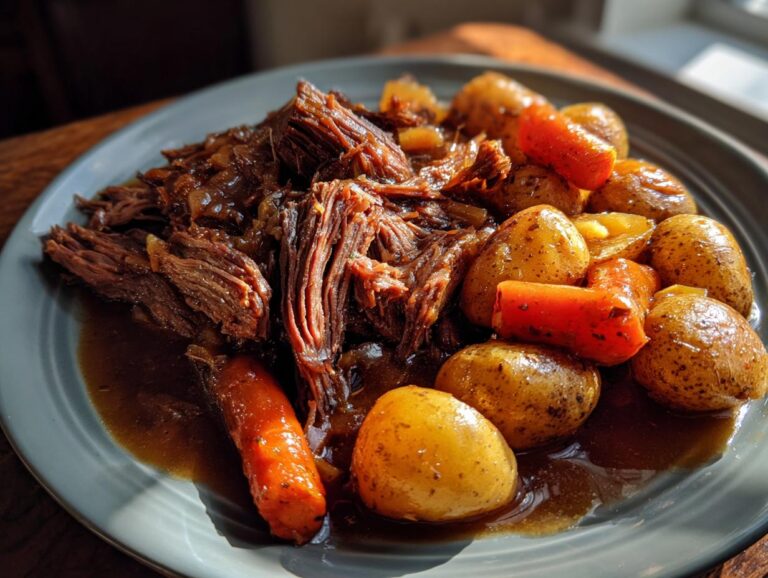 Close-up of a plate filled with fall apart tender crock pot roast, baby potatoes, and carrots in rich gravy.