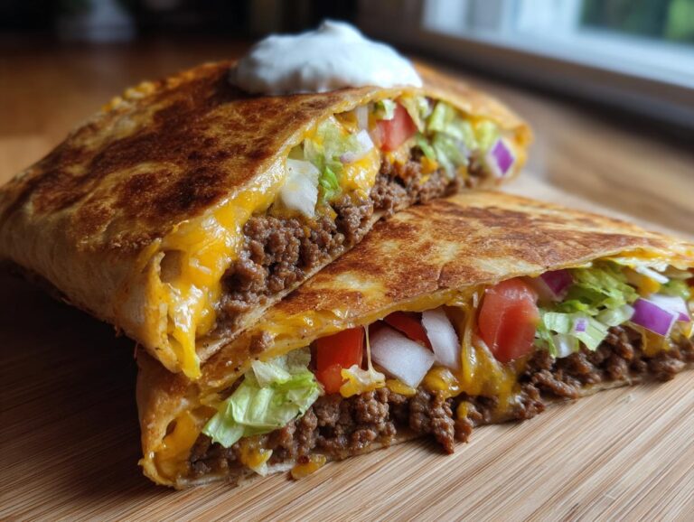 A close-up of a Crunchwrap Supreme cut in half, revealing seasoned ground beef, melted cheese, lettuce, tomatoes, and red onion, topped with a dollop of sour cream.