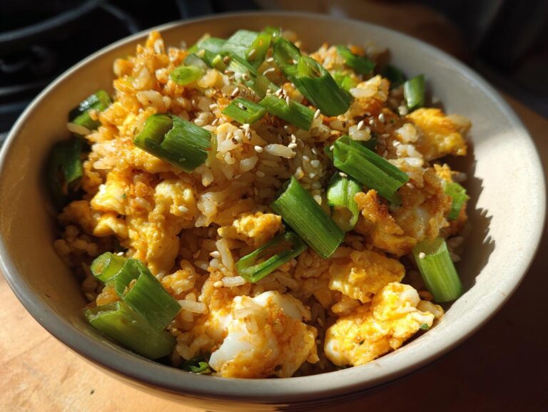 A close-up shot of a bowl of delicious egg fried rice, topped with chopped green onions and sesame seeds.