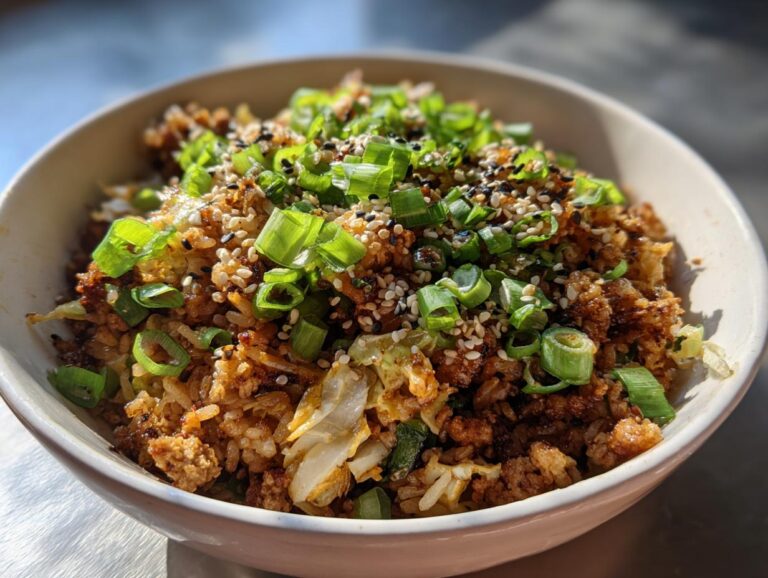 A close-up of a bowl filled with a savory egg roll in a bowl, topped with fresh green onions and sesame seeds.