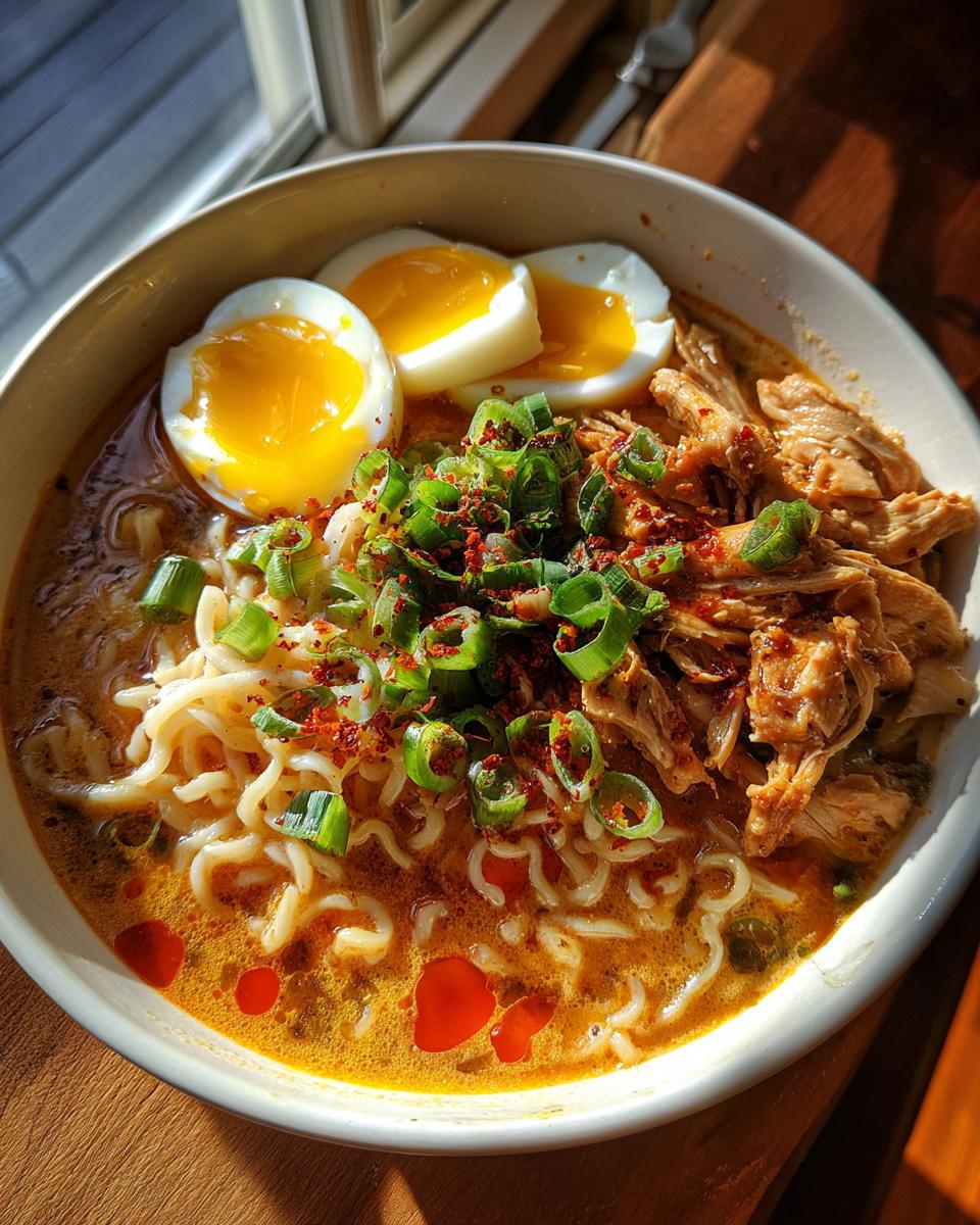 A steaming bowl of Fiery Chicken Ramen topped with shredded chicken, sliced green onions, chili flakes, and soft-boiled eggs.
