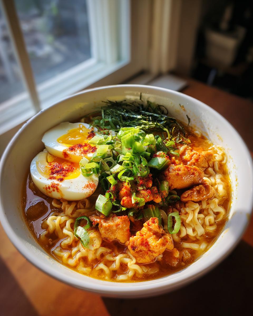 A bowl of fiery chicken ramen with noodles, tender chicken pieces, a soft-boiled egg, green onions, and nori.