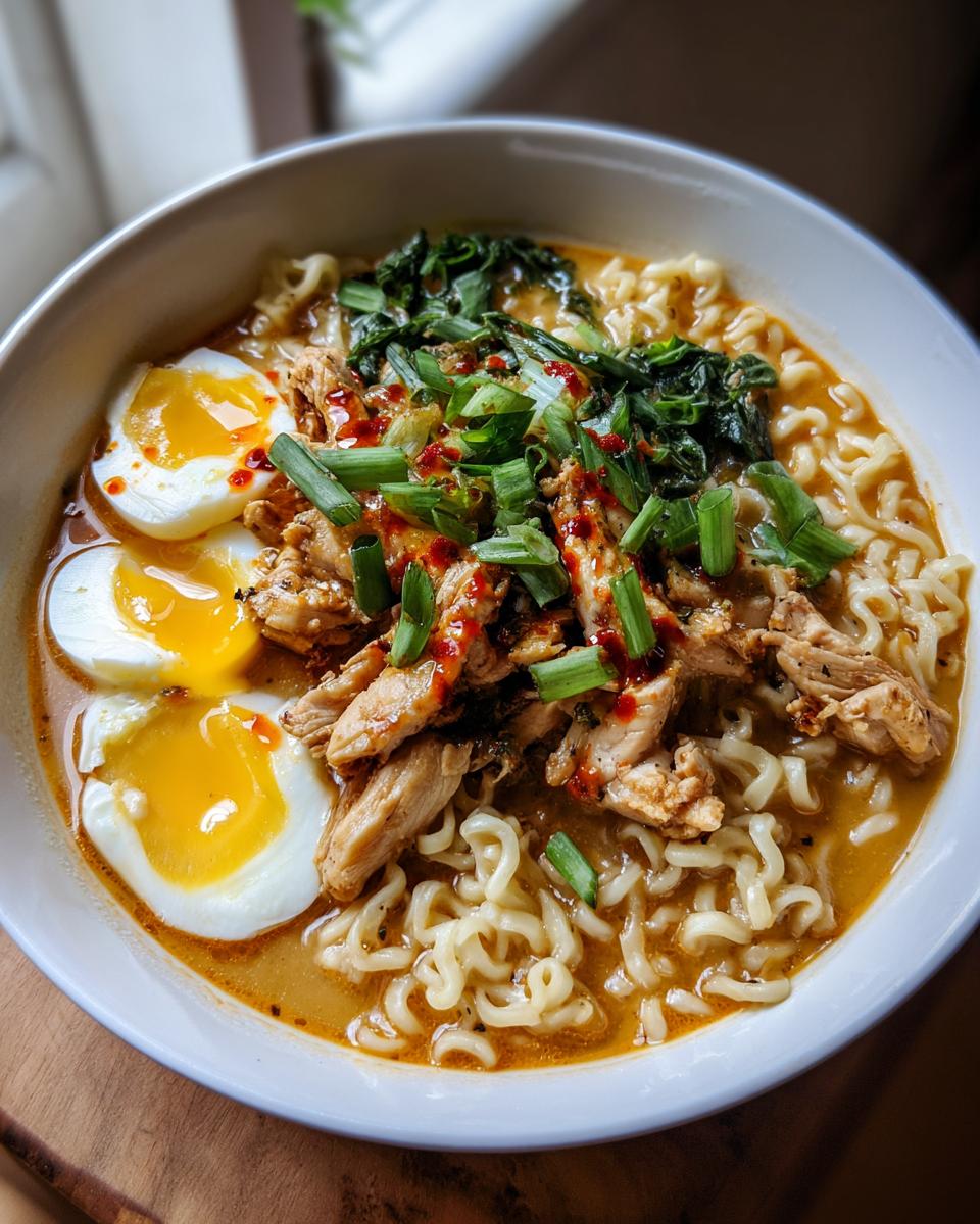 A close-up of a bowl of fiery chicken ramen, featuring noodles, shredded chicken, soft-boiled eggs, and green onions.