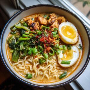 A steaming bowl of fiery chicken ramen, featuring tender chicken pieces, soft-boiled eggs, greens, and scallions.