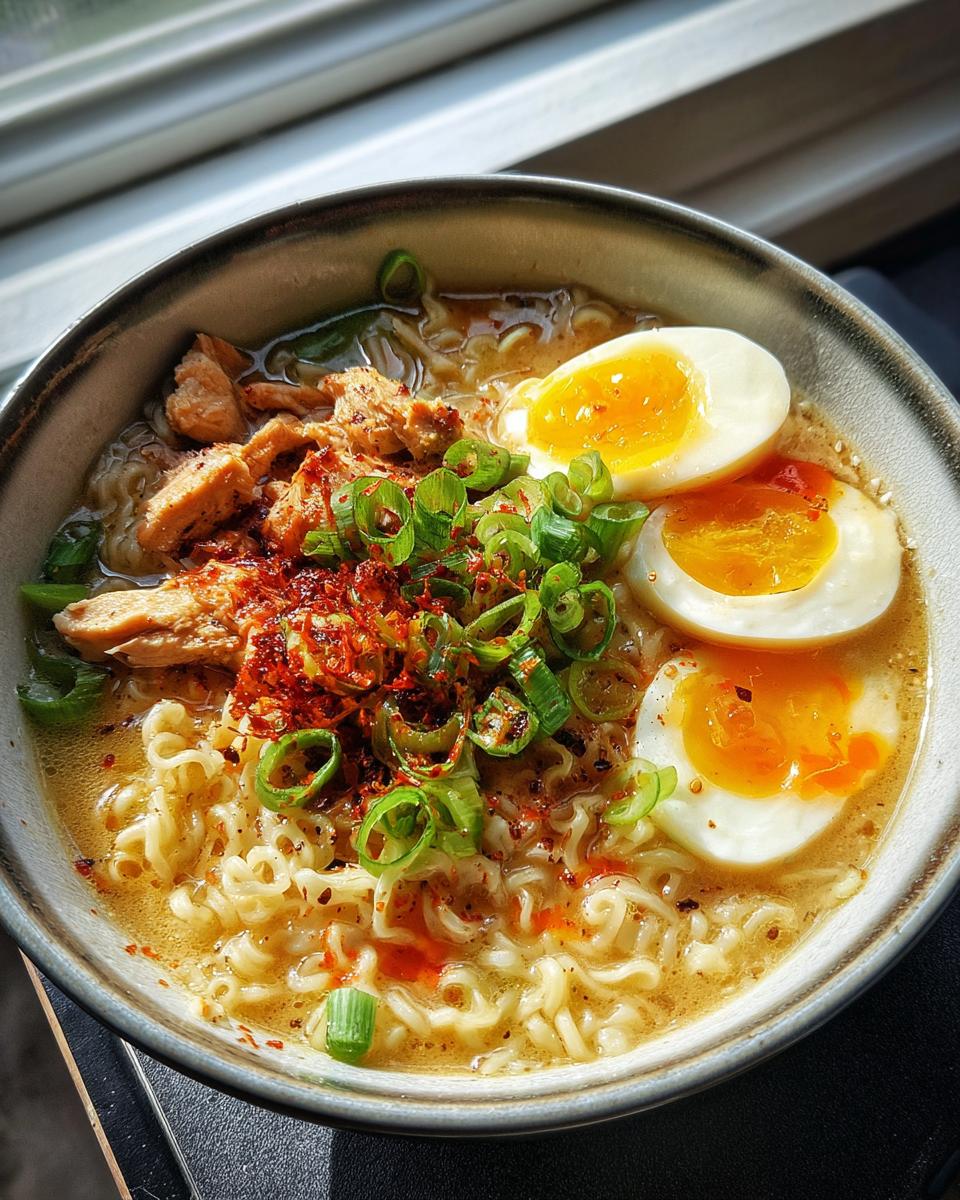 A bowl of fiery chicken ramen topped with sliced soft-boiled eggs, shredded chicken, and green onions.
