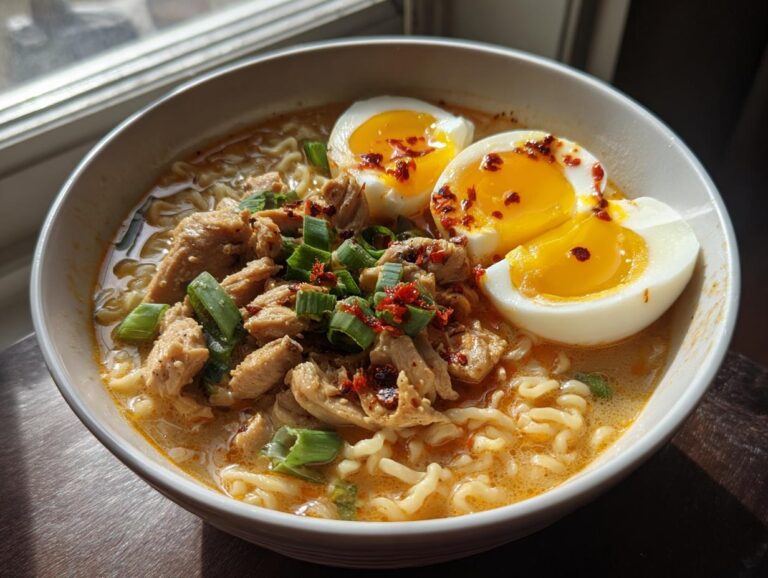 A steaming bowl of Fiery Chicken Ramen topped with sliced chicken, green onions, chili flakes, and a perfectly halved soft-boiled egg.
