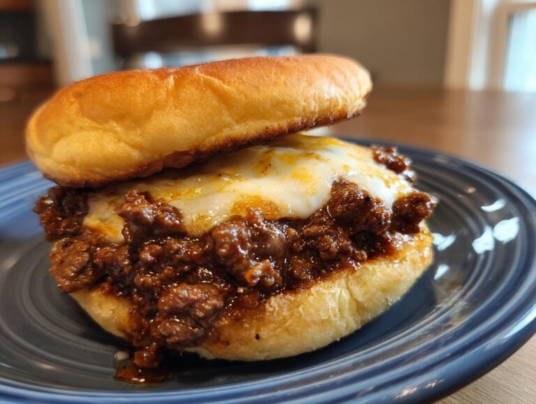 A close-up of a French Onion Beef Sloppy Joe on a blue plate, topped with melted cheese.