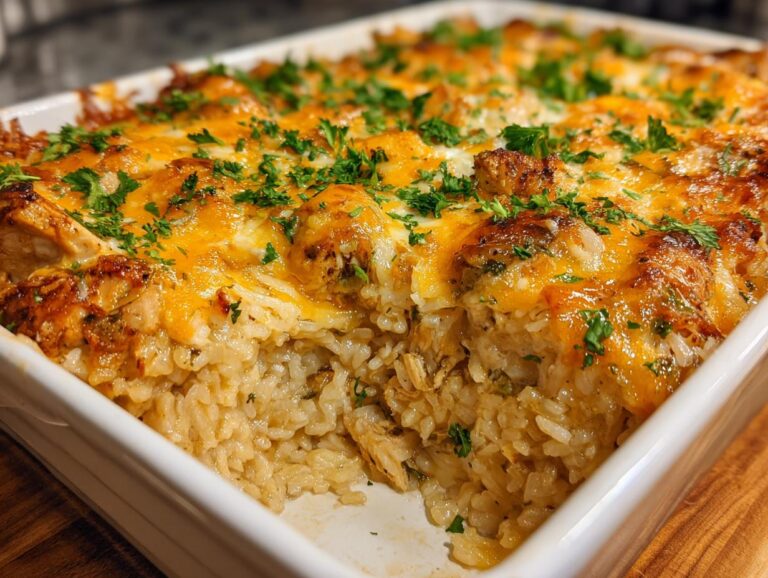 Close-up of a French onion chicken rice bake with melted golden cheese and fresh parsley.