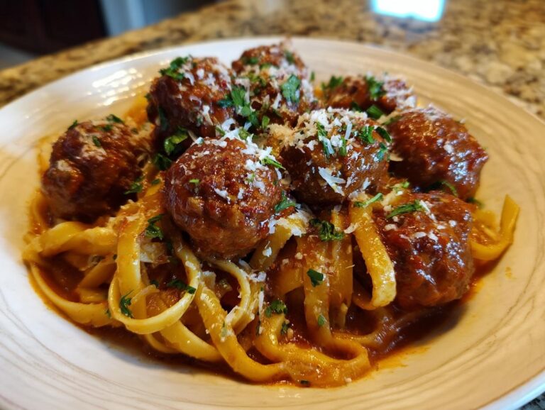 A plate of delicious garlic butter meatballs served over fettuccine pasta, garnished with parmesan and parsley.