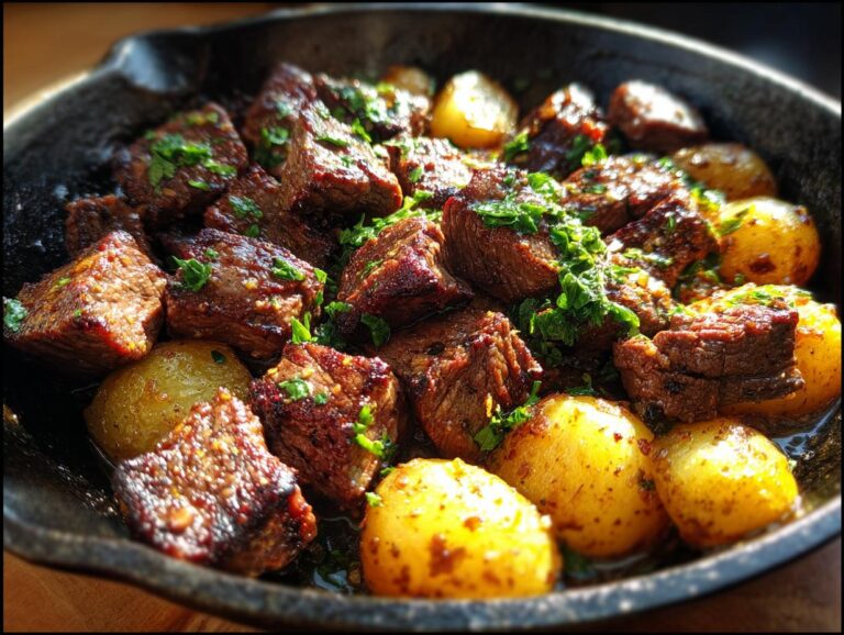 Close-up of juicy garlic butter steak bites and golden potatoes in a cast iron skillet, garnished with fresh parsley.