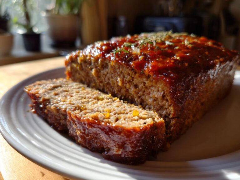 A close-up of a juicy garlic parmesan chicken meatloaf, glazed with a rich sauce and garnished with herbs.