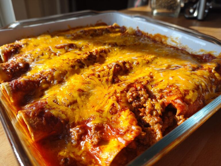 Close-up of cheesy ground beef enchiladas in a baking dish, bubbling and golden.