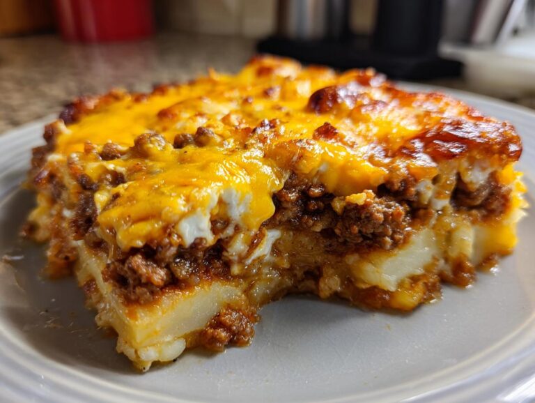 A delicious slice of ground beef potato casserole topped with melted cheese.